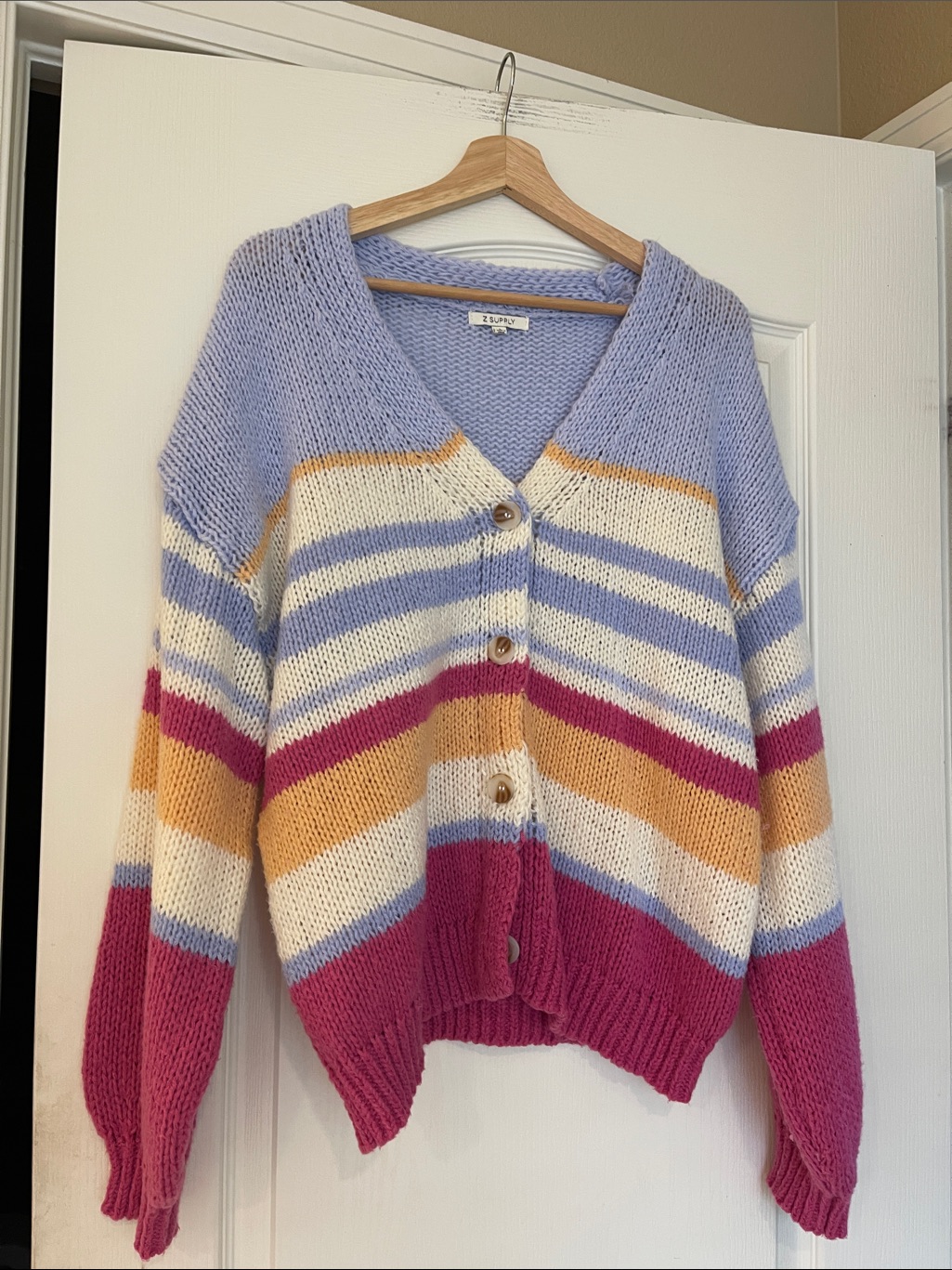 Z Supply Striped Button-Front Cardigan In Lavender, Cream, Mustard & Pink